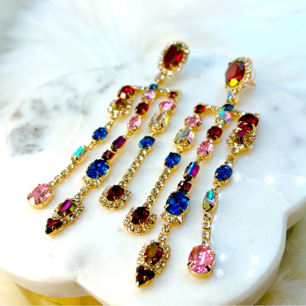 Crystal chandelier earrings 🌟 blue pink red 4” lightweight - Picture 2 of 4